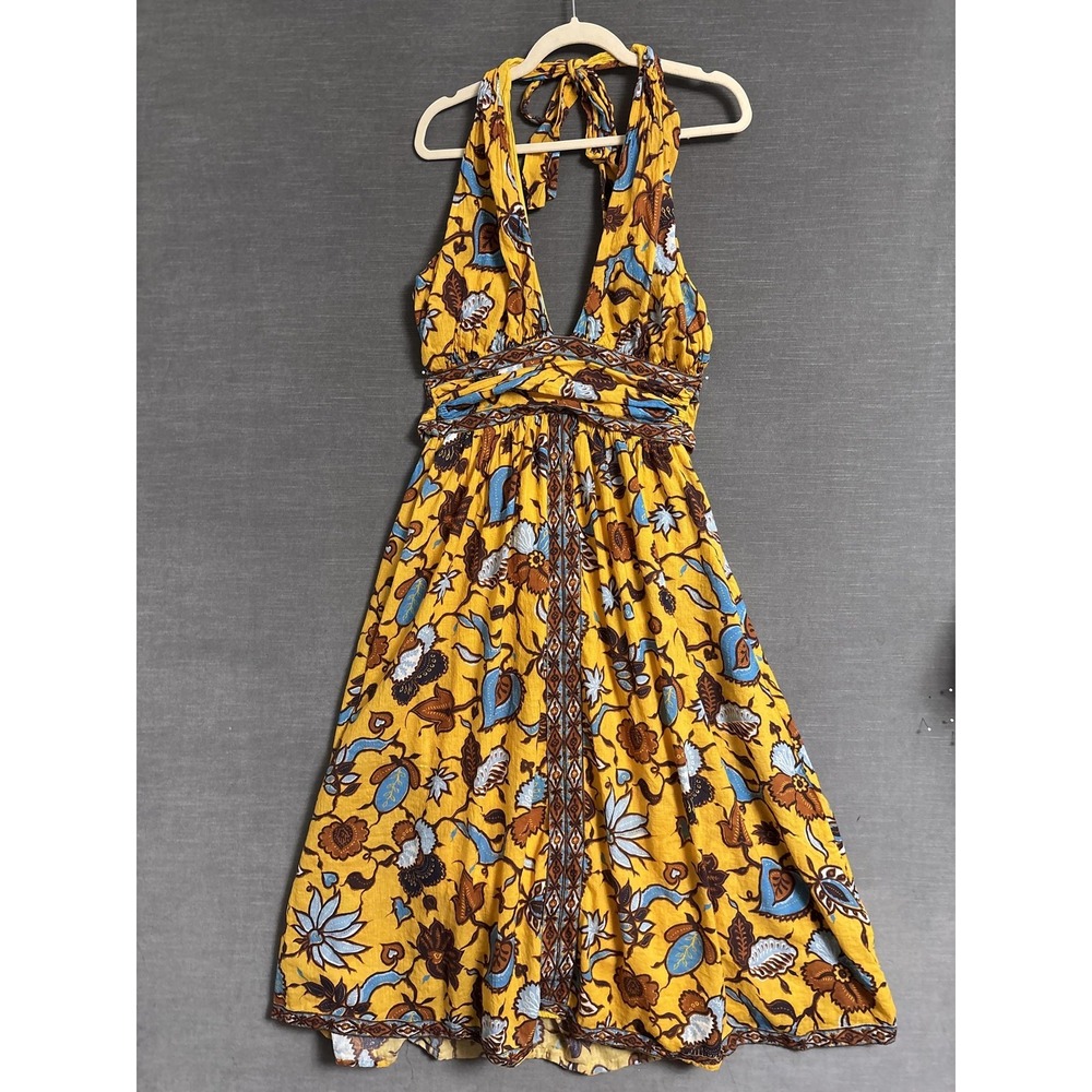 Love The Label Dress M Yellow Brown Floral Boho‎ Halter Maxi Smocked Sundress